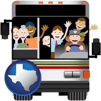 texas map icon and a bus driver and passengers on a chartered bus
